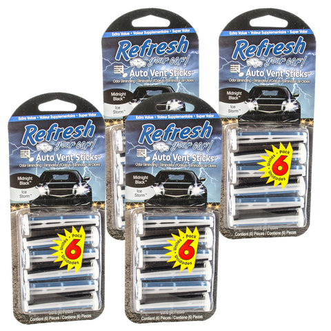 Refresh Auto Vent Sticks Car Air Freshener 6 Sticks, Midnight Black/Ice Storm (4-Pack)