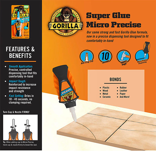 Gorilla Micro Precise Super Glue, 0.19 oz, Clear, (Pack of 1)