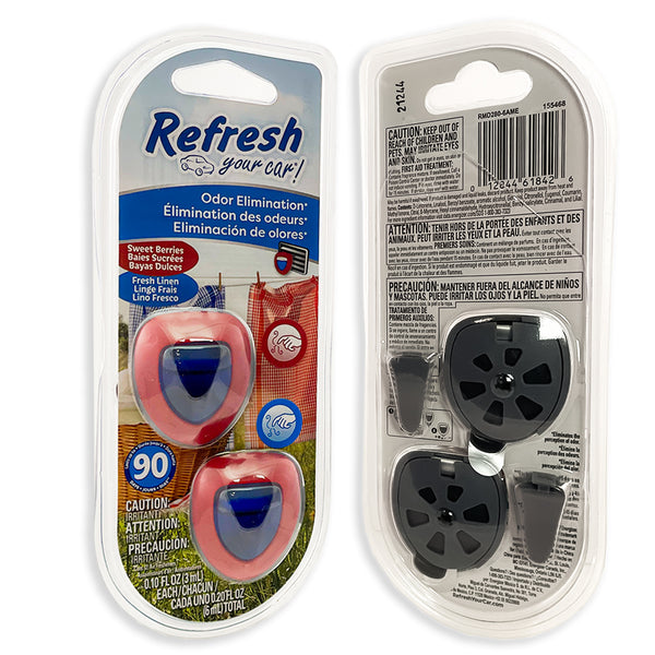 Refresh Car Air Freshener Vent Clip and Mini Car Oil Diffuser, Long-Lasting Odor Eliminator for Up to 90 days, 2 Count, Sweet Berries & Fresh Linen
