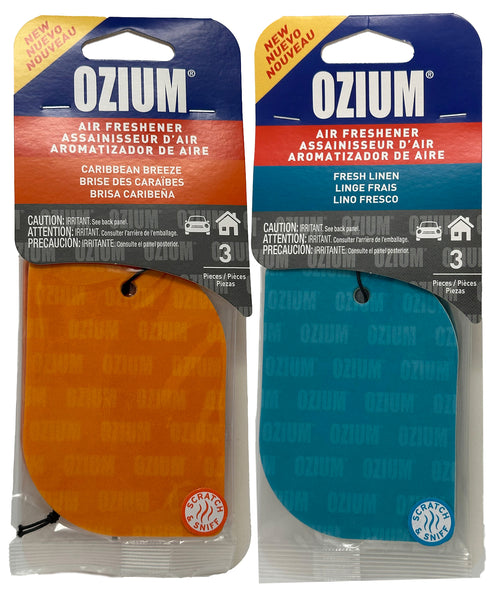 Ozium Paper Hanging Car Air Freshener with Odor Eliminator for Car - Refresh Your Ride with Automotive Air Fresheners, 3 Pack, Caribbean Breeze + Fresh Linen, Combo Kit