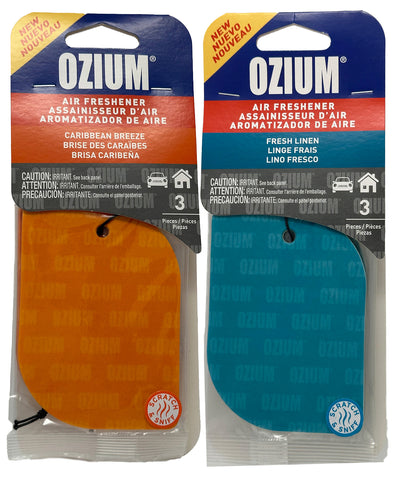 Ozium Paper Hanging Car Air Freshener with Odor Eliminator for Car - Refresh Your Ride with Automotive Air Fresheners, 3 Pack, Caribbean Breeze + Fresh Linen, Combo Kit