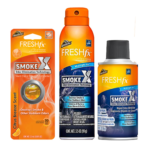 Armor All Kit: Car Air Fresheners - Vent Clip, Citrus Breeze + Smoke-X Rapid + 3.5 oz Spray - Midnight Air, Scent - Automotive Odor Eliminator and Air Freshener