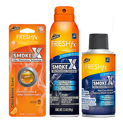 Armor All Kit: Car Air Fresheners - Vent Clip, Citrus Breeze + Smoke-X Rapid + 3.5 oz Spray - Midnight Air, Scent - Automotive Odor Eliminator and Air Freshener
