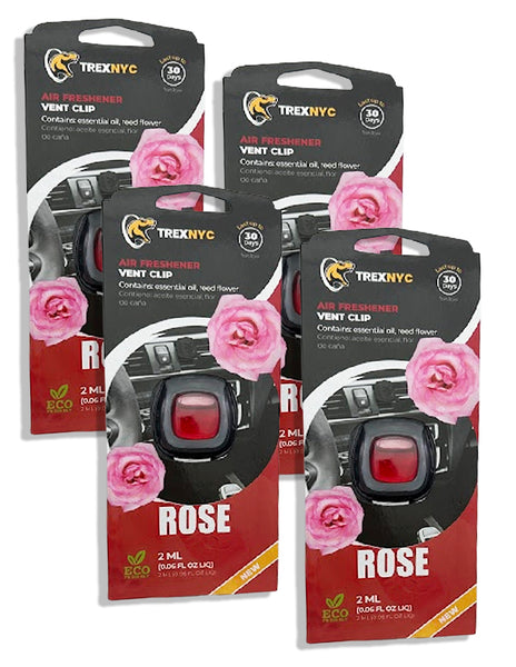 TrexNYC Car Air Fresheners Vent Clips, Essential Car Odor Eliminator, Perfect Scented Car Accessories, For Long Lasting Fragrance up to 240 days, Rose Scent, 0.07 FL.OZ, 4 Packs