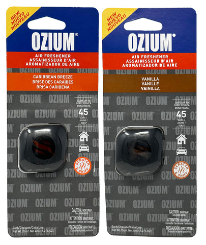 Ozium Membrane Car Vent Clip AC Air Fresheners Car Air Freshener and Car Odor Eliminator, Caribbean Breeze + Vanilla, Combo Kit