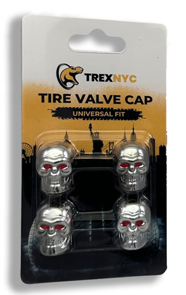 TrexNYC Tire Valve Caps, Universal Stem Covers for Cars, SUVs, Bike, Trucks, Motorcycles, Heavy-Duty and Easy-Grip Use, 4 Pieces, Silver Skull