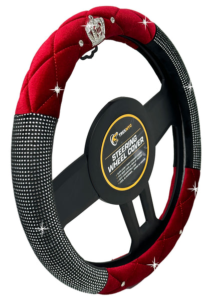 TrexNYC Crown Rhinestone Steering Wheel Cover: Sparkling Rhinestone and Glamorous Bling Car Steering Wheel Cover for Women, Red