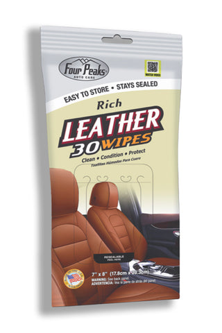 Four Peaks Leather Wipes for Car Seat, Leather Cleaning Wipes, Rich, 30 Wipes Pouch