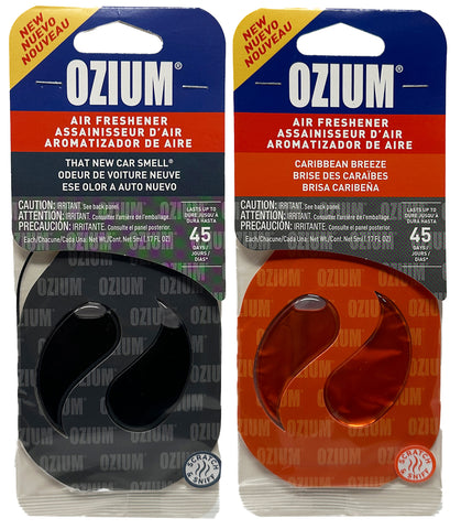 Ozium Paper Membrane Hanging Car Air Freshener - Automotive Air Fresheners and Odor Eliminator for Car, New Car + Caribbean Breeze, Combo Kit