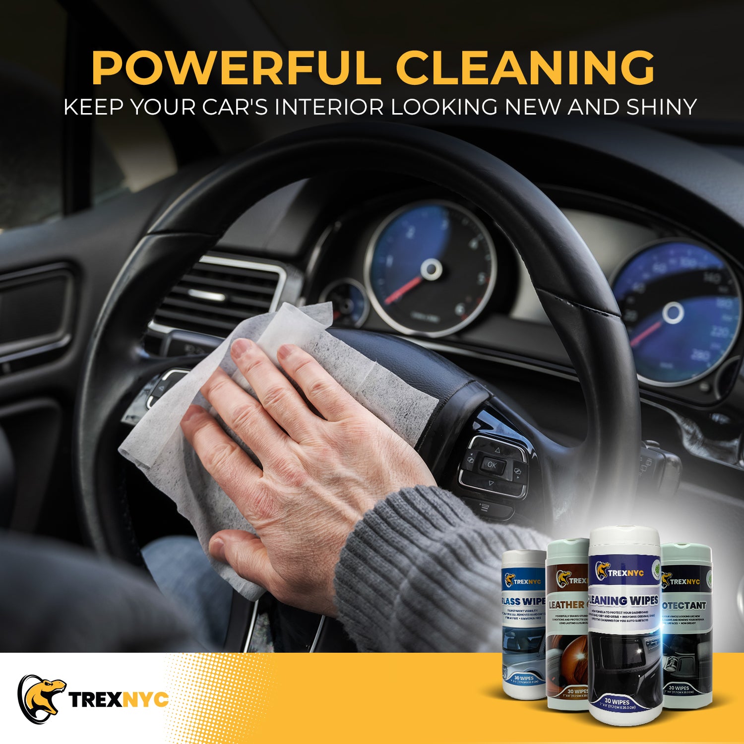 TrexNYC Cleaning Wipes - Interior Car Wipes, All-in-One Car Interior Cleaner