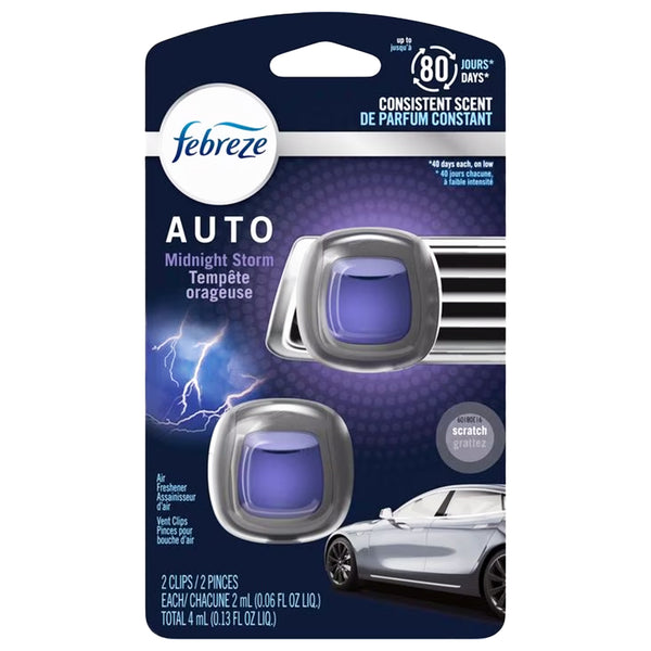 Febreze Car Air Freshener Vent Clips, Midnight Storm Scent, 2-Clips: Automotive Odor Eliminator for Car Vent, Long-Lasting Car Freshener Clips