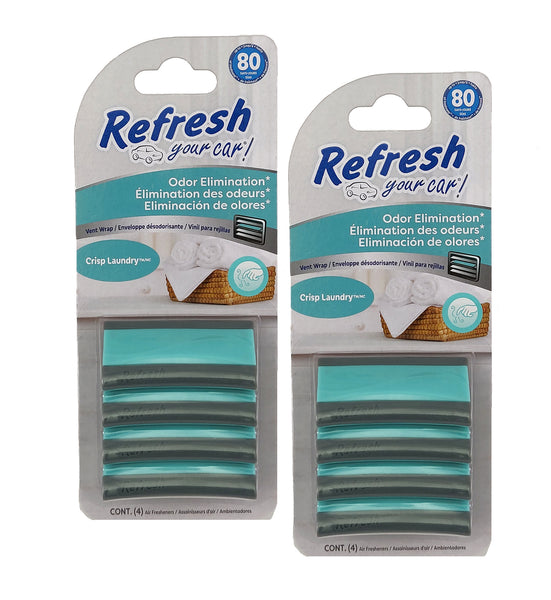 Refresh Your Car Vent Wrap Air Freshener for Auto Air Vent freshener, 4 Count of Long-Lasting Odor Eliminator Vent Wraps, Crisp Laundry, 2 Packs