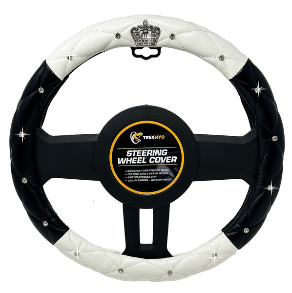 TrexNYC Crown Rhinestone Steering Wheel Cover: Sparkling Rhinestone Bling Car Steering Wheel Cover for Women, Black/White