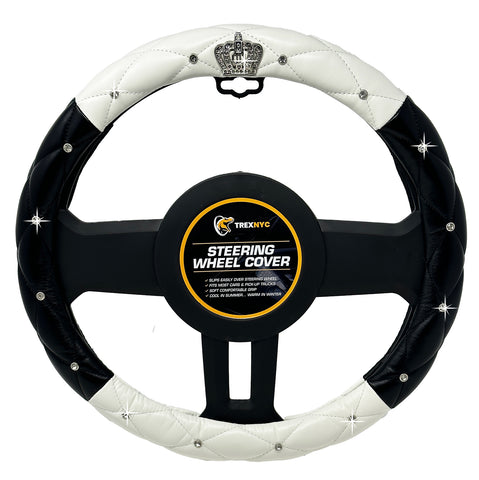 TrexNYC Crown Rhinestone Steering Wheel Cover: Sparkling Rhinestone Bling Car Steering Wheel Cover for Women, Black/White
