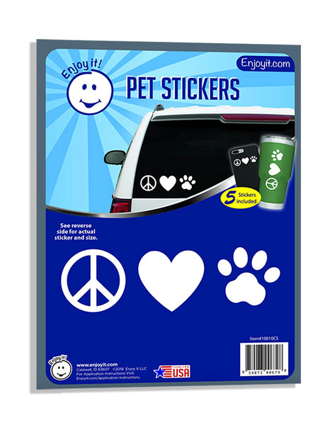 Enjoy It! Peace, Love & Pet Paw Car Sticker, Outdoor Rated Vinyl Sticker Decals, 5 Stickers