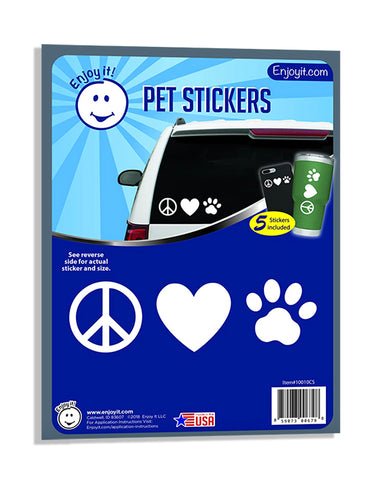 Enjoy It! Peace, Love & Pet Paw Car Sticker, Outdoor Rated Vinyl Sticker Decals, 5 Stickers