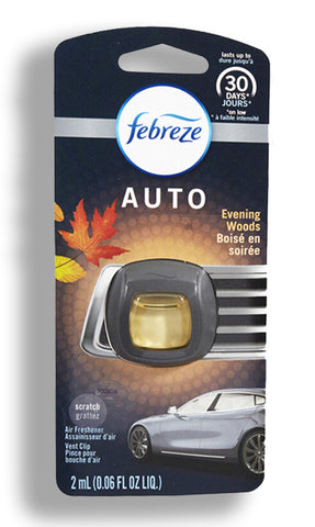Febreze Car Vent Clip Air Freshener, Odor Eliminator for Strong Odors, Up to 30 Days Freshness, Evening Woods