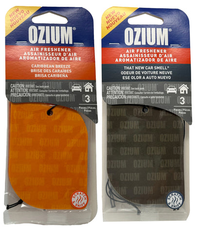 Ozium Paper Hanging Car Air Freshener with Odor Eliminator for Car - Refresh Your Ride with Automotive Air Fresheners, 3 Pack. Caribbean Breeze + That New Car Smell, Combo Kit
