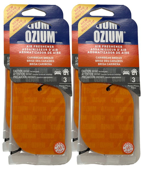Ozium Paper Hanging Car Air Freshener with Odor Eliminator for Car - Refresh Your Ride with Automotive Air Fresheners, Caribbean Breeze, 4 Packs