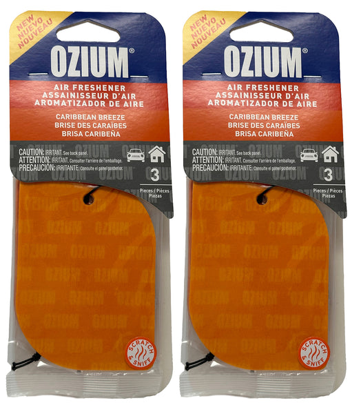 Ozium Paper Hanging Car Air Freshener with Odor Eliminator for Car - Refresh Your Ride with Automotive Air Fresheners, Caribbean Breeze, 2 Packs