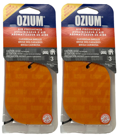 Ozium Paper Hanging Car Air Freshener with Odor Eliminator for Car - Refresh Your Ride with Automotive Air Fresheners, Caribbean Breeze, 2 Packs