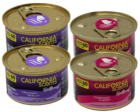 California Scents Spillproof Can Air Freshener in Coronado Cherry and Monterey Vanilla Scents: Best Car Air Freshener and Odor Eliminator, 4 Pack Combo Kit