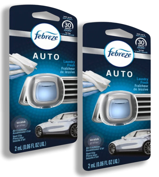 Febreze Car Vent Clip Air Freshener, Odor Eliminator for Strong Odors, Up to 30 Days Freshness, Laundry Fresh, 2 Packs