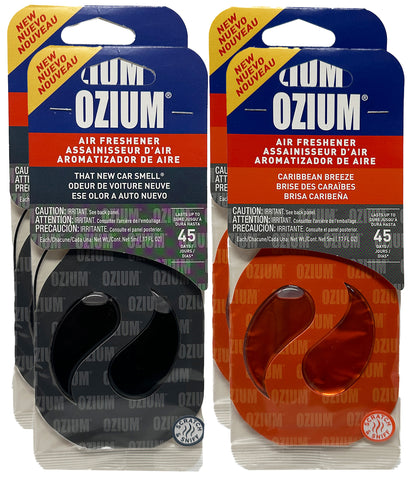 Ozium Paper Membrane Hanging Car Air Freshener - Automotive Air Fresheners and Odor Eliminator for Car, 2 New Car + 2 Caribbean Breeze, Combo Kit
