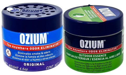 Ozium Air Sanitizer 4.5 oz Gel: Odor Eliminator for Strong Odor, Car Air Freshener, Original, and Outdoor Essence Scent Combo
